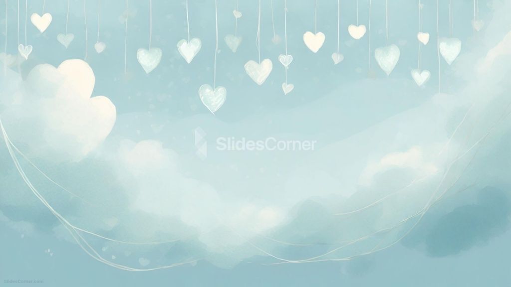 PPT Background in Light Blue Tones with Hearts Hanging from Threads
