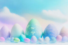 Easter Background and Wallpaper in Pastel Colors with Eggs and Clouds