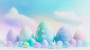 Easter Background and Wallpaper in Pastel Colors with Eggs and Clouds by SlidesCorner.com