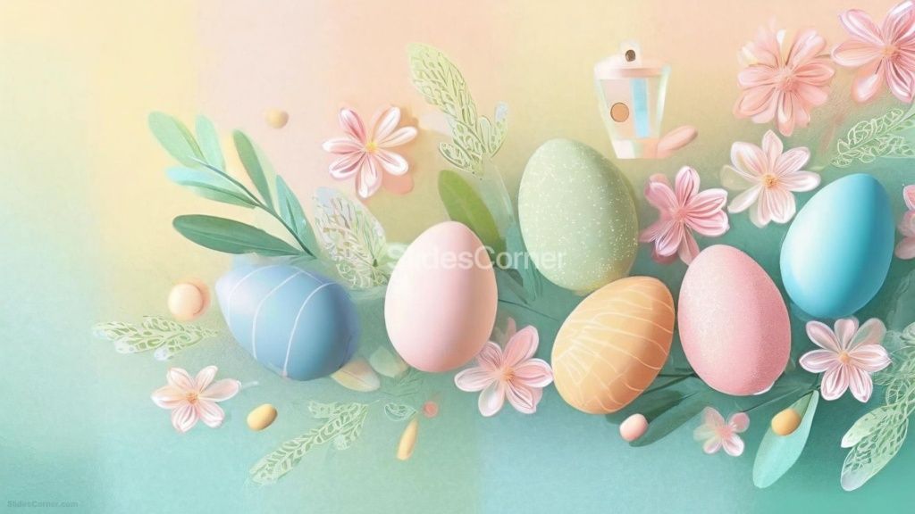 Easter Background and Wallpaper in Pastel Colors with Easter Eggs and Flowers
