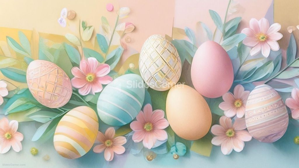 Pastel Easter Background and Wallpaper with Colorful Eggs and Flowers
