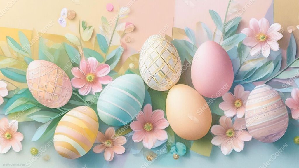 Pastel Easter Background and Wallpaper with Colorful Eggs and Flowers Pastel Easter Background and Wallpaper with Colorful Eggs and Flowers