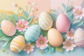 Pastel Easter Background and Wallpaper with Colorful Eggs and Flowers