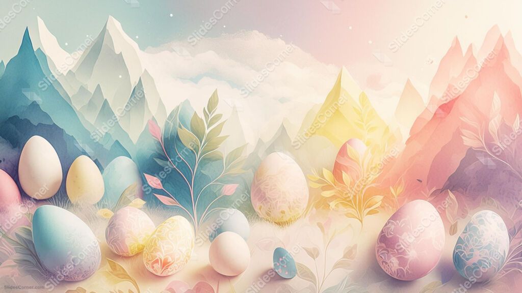 Pastel Easter Background with Eggs, Leaves and Mountains Pastel Easter Background with Eggs, Leaves and Mountains