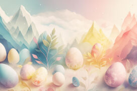 Pastel Easter Background with Eggs, Leaves and Mountains