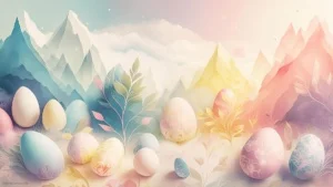 Pastel Easter Background with Colorful Eggs and Leaves and Mountains for PPT, Google Slides or Wallpaper by SlidesCorner.com