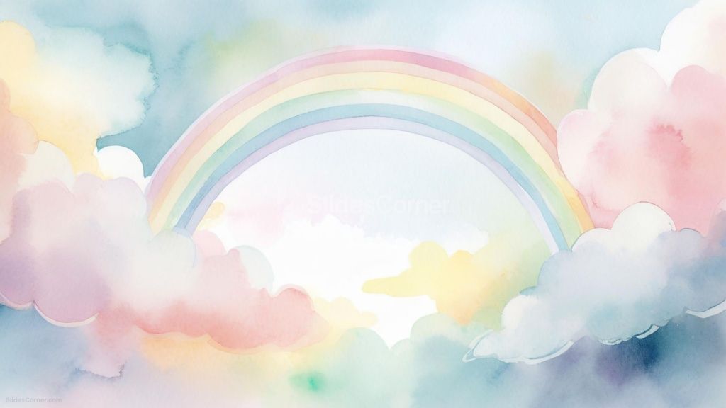 Sweet Watercolor Rainbow and Clouds Background in Pastel Tones