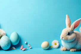 Easter Powerpoint Background Light Blue Gradient with Eggs and Bunny