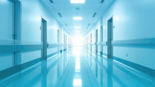 Medical PPT Background Blue Hospital Hallway Rooms by SlidesCorner.com