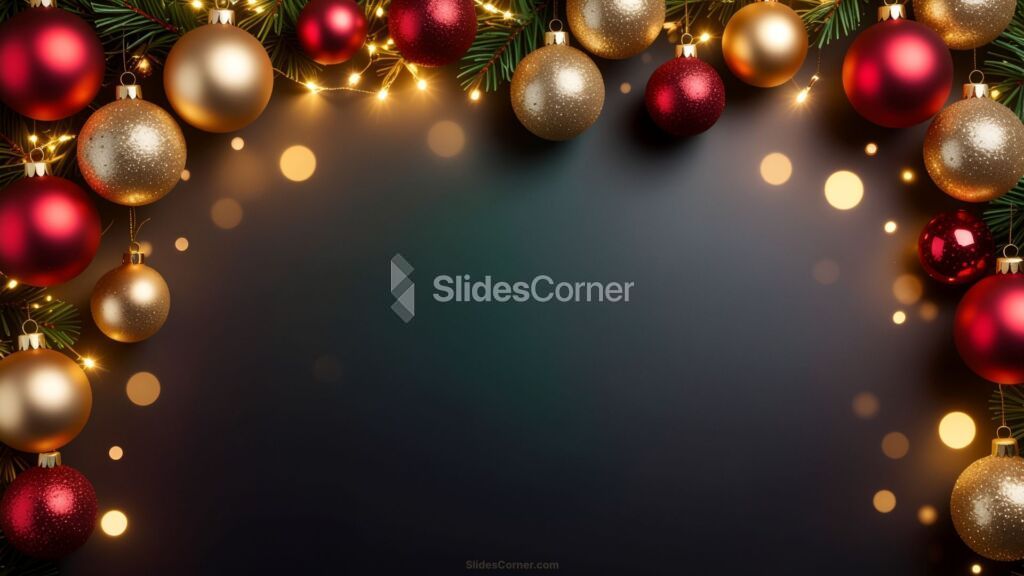 Blue Christmas background for PowerPoint with red and gold baubles