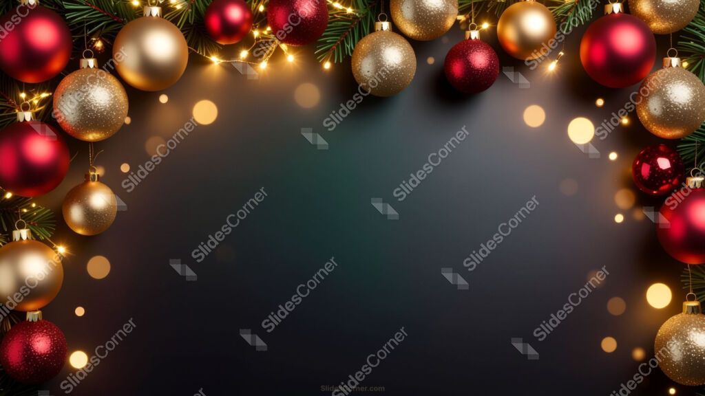 Blue Christmas background for PowerPoint with red and gold baubles Blue Christmas background for PowerPoint with red and gold baubles