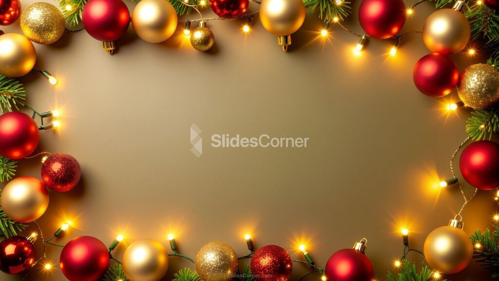 Christmas PowerPoint background in gold with red balls and lights Christmas PowerPoint background in gold with red balls and lights