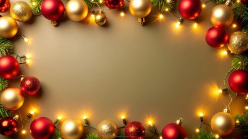 Christmas PowerPoint background in gold with red balls and lights by SlidesCorner.com