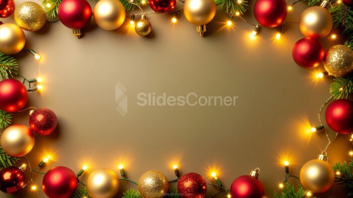 Christmas PowerPoint background in gold with red balls and lights