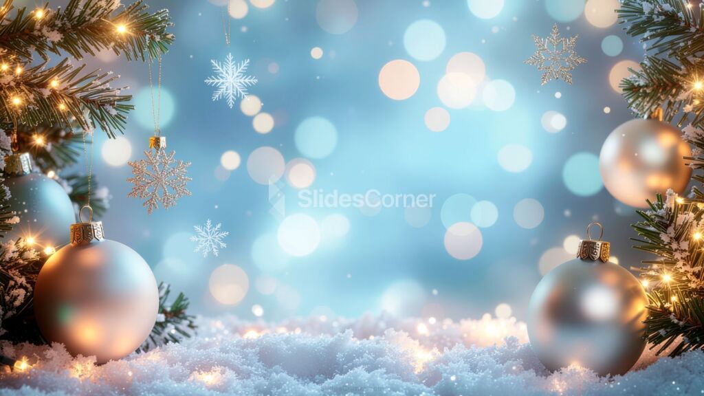 Christmas Powerpoint Background with golden baubles, snow and lights