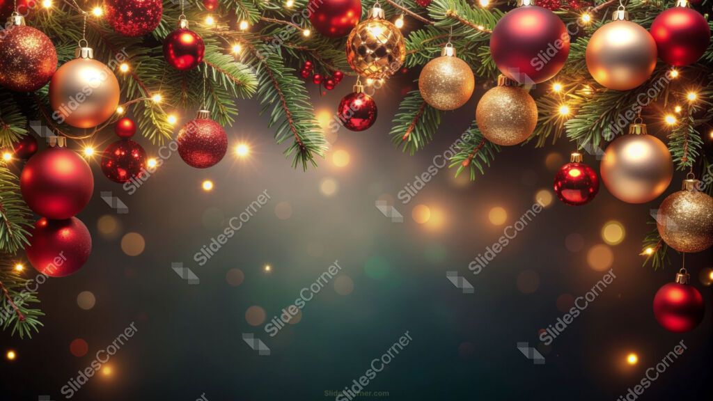 Christmas background close-up of a tree with lights, red and gold baubles Christmas background close-up of a tree with lights, red and gold baubles