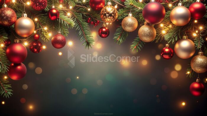 Christmas background close-up of a tree with lights, red and gold baubles