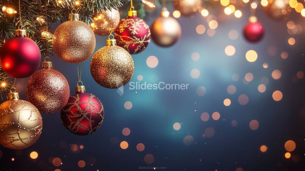 Christmas background with bokeh lights, red and gold baubles Christmas background with bokeh lights, red and gold baubles