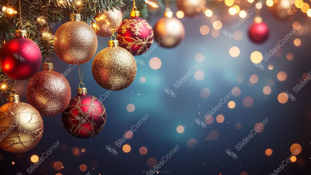Christmas background with bokeh lights, red and gold baubles Christmas background with bokeh lights, red and gold baubles