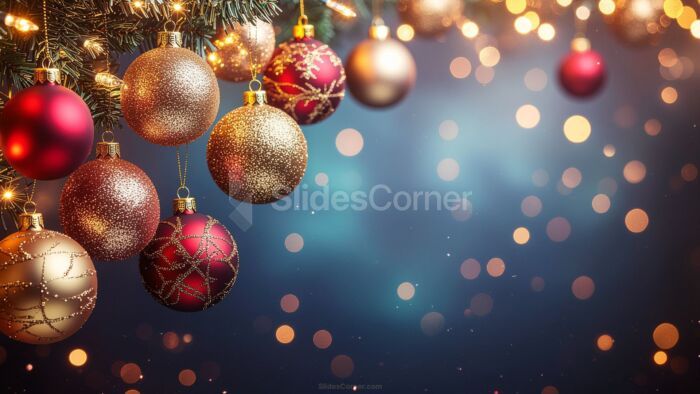Christmas background with bokeh lights, red and gold baubles