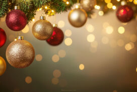 Christmas Background with Lights, hanging red and gold Baubles