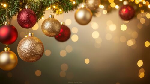 Christmas Background with Lights, hanging red and gold Baubles