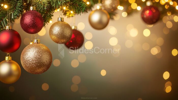 Christmas Background with Lights, hanging red and gold Baubles Christmas Background with Lights, hanging red and gold Baubles