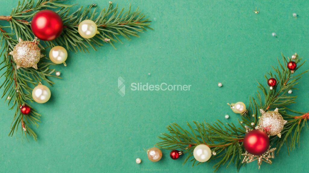 Green Christmas background with ornaments and tree branches