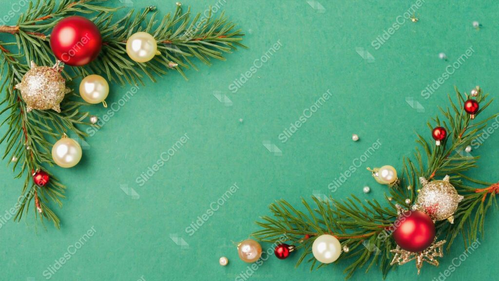Green Christmas background with ornaments and tree branches Green Christmas background with ornaments and tree branches
