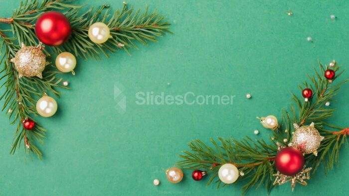 Green Christmas background with ornaments and tree branches