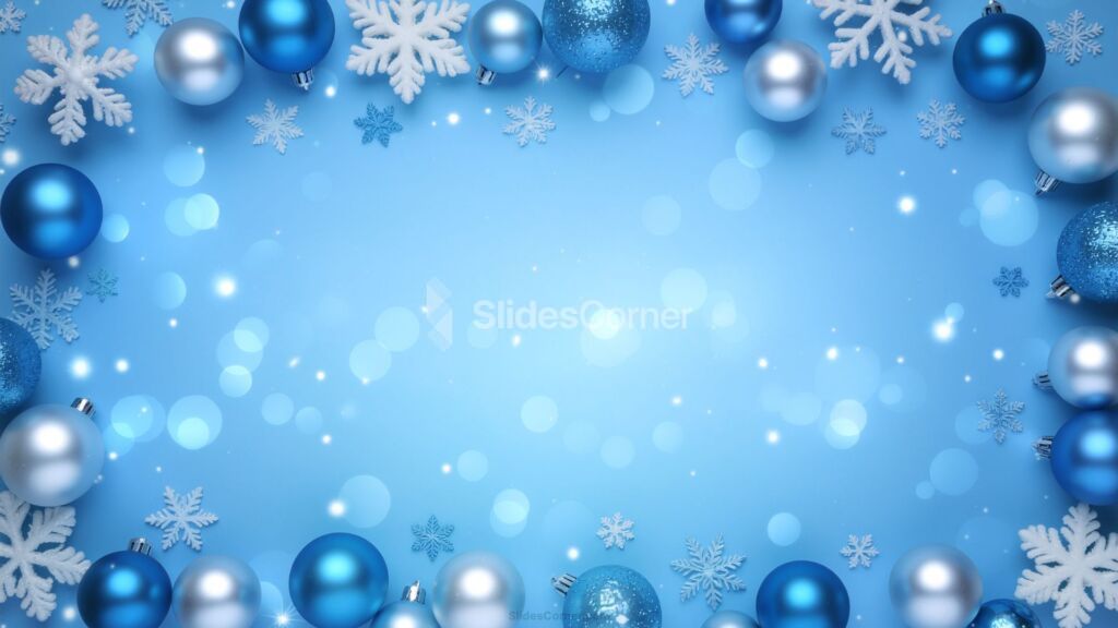 Light blue Christmas background with snowflakes and blue and silver baubles Light blue Christmas background with snowflakes and blue and silver baubles