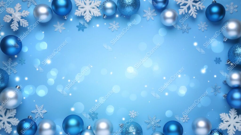 Light blue Christmas background with snowflakes and blue and silver baubles Light blue Christmas background with snowflakes and blue and silver baubles