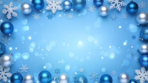Light blue Christmas background with snowflakes and blue and silver baubles