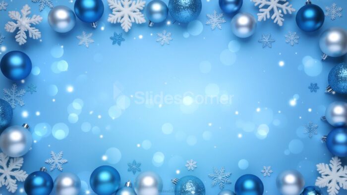 Light blue Christmas background with snowflakes and blue and silver baubles