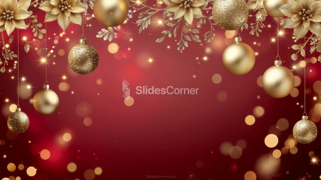 Red Christmas background with hanging gold baubles and flowers Red Christmas background with hanging gold baubles and flowers