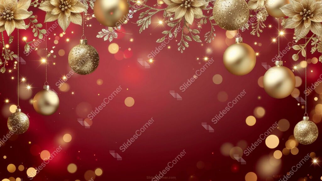 Red Christmas background with hanging gold baubles and flowers Red Christmas background with hanging gold baubles and flowers