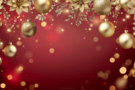 Red Christmas background with hanging gold baubles and flowers