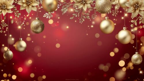 Red Christmas background with hanging gold baubles and flowers by SlidesCorner.com