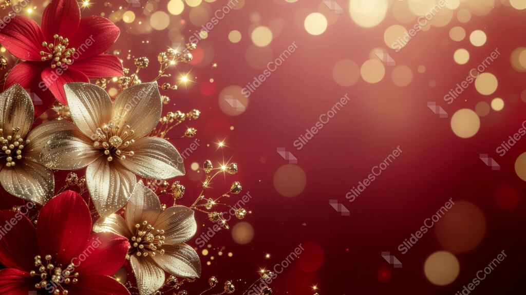 Red Christmas background with lights and beautiful gold and red flowers Red Christmas background with lights and beautiful gold and red flowers