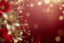 Red Christmas background with lights and beautiful gold and red flowers