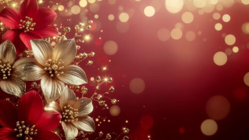 Red Christmas background with lights and beautiful gold and red flowers