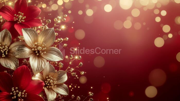 Red Christmas background with lights and beautiful gold and red flowers
