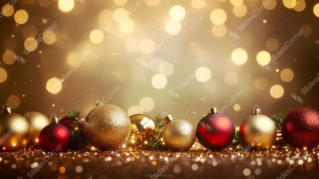 Christmas Background with Bokeh Lights and Red and Gold Baubles Christmas Background with Bokeh Lights and Red and Gold Baubles