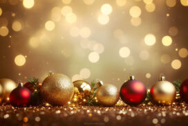 Christmas Background with Bokeh Lights and Red and Gold Baubles