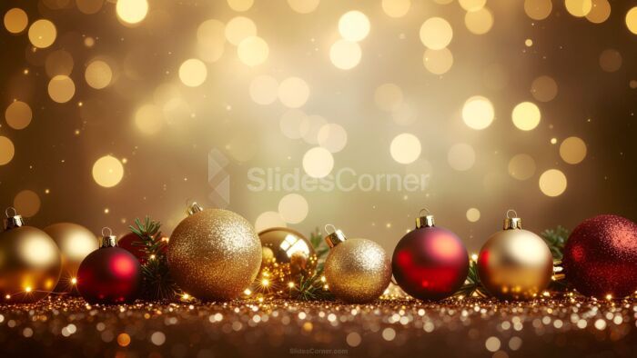 Christmas Background with Bokeh Lights and Red and Gold Baubles