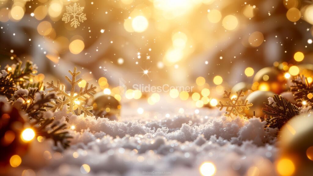 Christmas Background with Snow, Golden Lights, Ornaments and Snowflakes