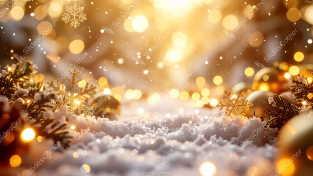 Christmas Background with Snow, Golden Lights, Ornaments and Snowflakes Christmas Background with Snow, Golden Lights, Ornaments and Snowflakes