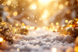 Christmas Background with Snow, Golden Lights, Ornaments and Snowflakes