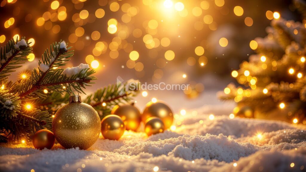 Christmas Background with Snow, Lights, Snowflakes and Golden Christmas Balls Christmas Background with Snow, Lights, Snowflakes and Golden Christmas Balls