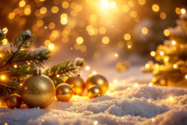 Christmas Background with Snow, Lights, Snowflakes and Golden Christmas Balls